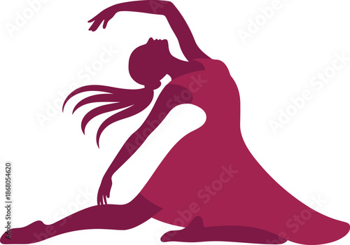Elegant female dancer in expressive pose silhouette illustration performing contemporary dance movement with flowing dress artistic vector design for ballet school posters dance studio website perform