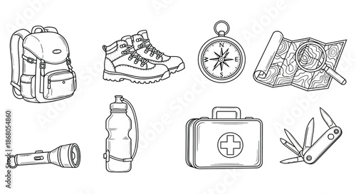 Essential outdoor gear for adventure illustration