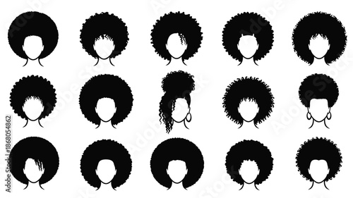 Variety of afro hairstyles presented in a black and white silhouette