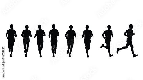 A sequence of running people depicted in a stylish black silhouette