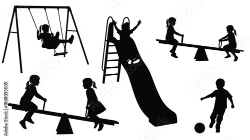 Children playing on playground equipment with a striking black silhouette