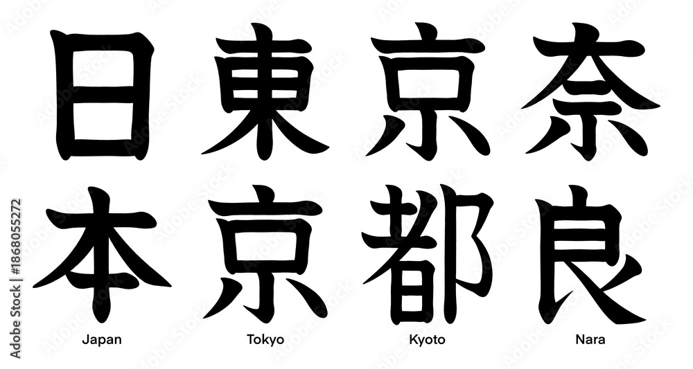Naklejka premium Japanese kanji characters for Japan, Tokyo, Kyoto and Nara isolated on a transparent background, calligraphy art
