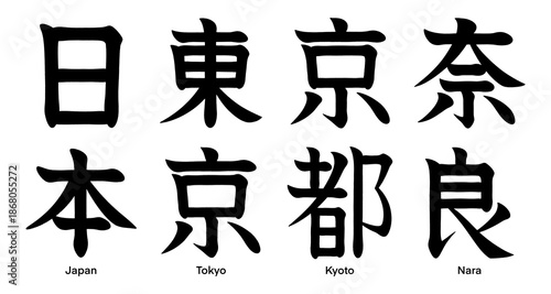 Japanese kanji characters for Japan, Tokyo, Kyoto and Nara isolated on a transparent background, calligraphy art