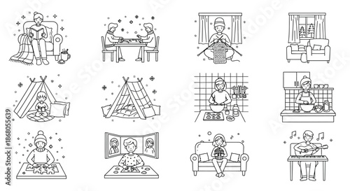 Illustrations of various indoor activities illustration