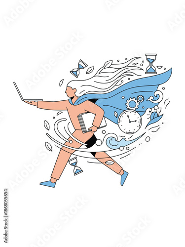 Superwoman with laptop and book running fast.