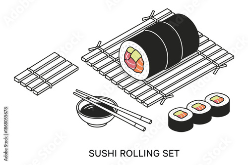 Isometric sushi rolling set with roll, bamboo mat, chopstick and soy sauce vector