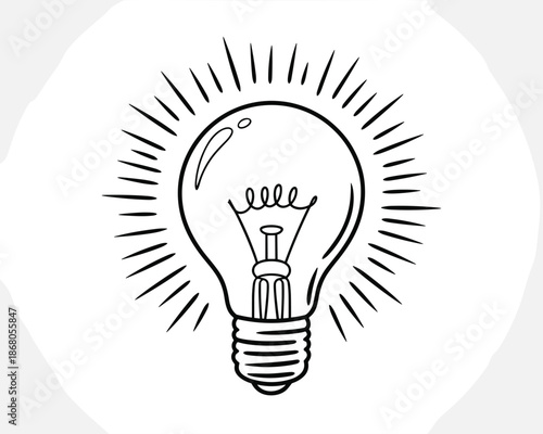 Glowing lightbulb line art illustration radiating energy and ideas for innovation brainstorming in business technology startup education creative design projects simple minimalist vector drawing sugge