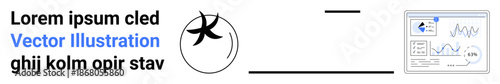 Data analytics, business intelligence, technology innovation, corporate management, financial growth, and report generation. Abstract icon paired with a dashboard charts. Data analytics and business