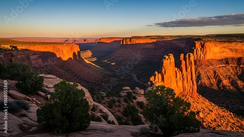 Sunset over scenic desert canyon landscape.
