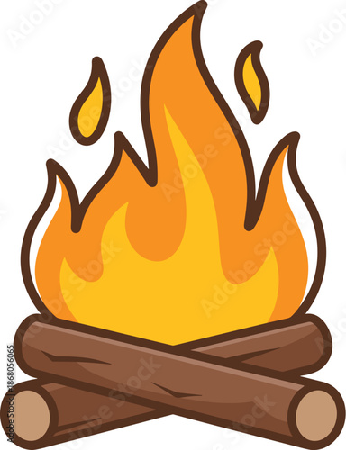 Cartoon campfire with bright flames crackling atop wooden logs animation illustration for camping adventure stories outdoor survival guides and summer camp promotional materials depicting warmth safet