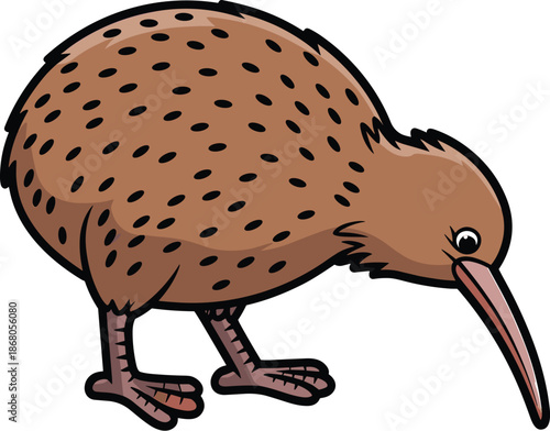 Cartoon kiwi bird foraging for food brown flightless bird illustration New Zealand native wildlife conservation species vulnerable animal vector graphic design element for educational materials nature