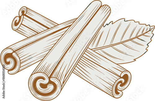 Cinnamon sticks with leaf spice illustration for food and beverage industry culinary art concept natural ingredient aromatic flavor enhancer for dessert recipes baking ingredients aromatherapy wellnes