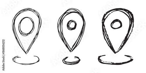 Set of hand drawn map pin Map marker pointer sign GPS and mapping tools Location pin symbol Pinpoint clipart in doodle style Single element for web, design