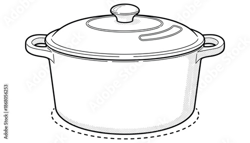 Outline drawing of pot with lid for cooking as kitchen utensil in vintage style