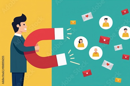 Attracting Leads and Customers with a Giant Magnet: A Person Holds A Magnent with Small Icons Floating Towards It.