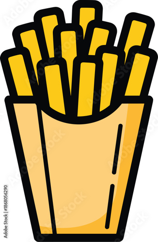 Cartoon style french fries in paper box illustration crispy golden fast food snack icon for restaurant menu design junk food cravings delicious unhealthy meal graphic resource simple design on white