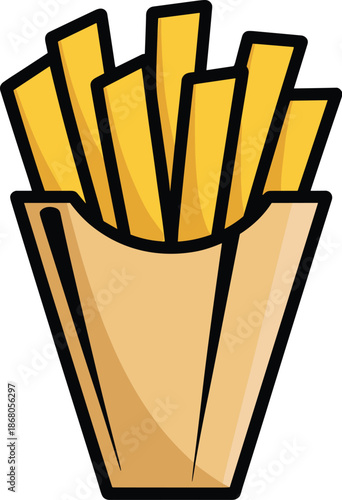 Cartoon french fries in paper container illustration icon graphic design element crispy golden fried potatoes fast food takeout snack delicious unhealthy treat for restaurant menu advertising marketin