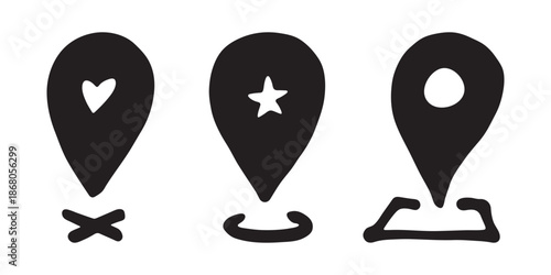 Set of hand drawn map pin Map marker pointer sign GPS and mapping tools Location pin symbol Pinpoint clipart in doodle style Single element for web, design
