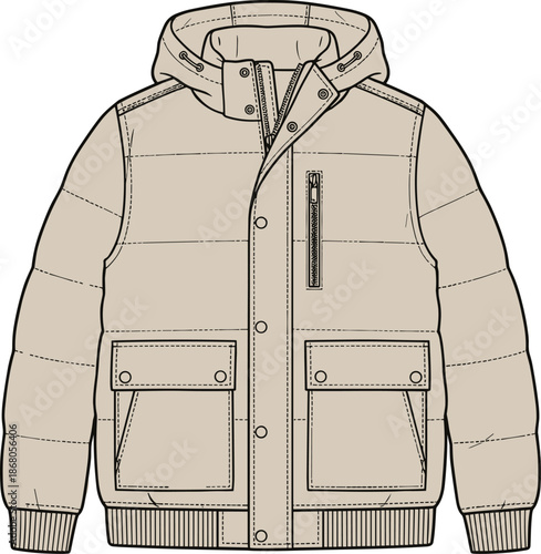 Beige hooded puffer jacket technical flat vector illustration, front view with flap pockets, snap buttons, ribbed cuffs and winter outerwear design
