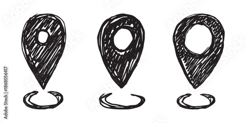 Set of hand drawn map pin Map marker pointer sign GPS and mapping tools Location pin symbol Pinpoint clipart in doodle style Single element for web, design