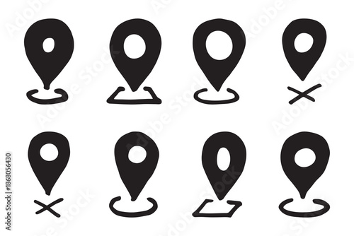 Set of hand drawn map pin Map marker pointer sign GPS and mapping tools Location pin symbol Pinpoint clipart in doodle style Single element for web, design