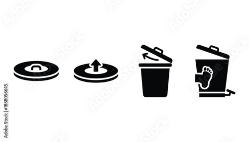 Step on trash bin vector icon set for waste recycling garbage container disposal concept line