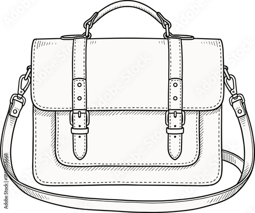 Leather messenger bag technical flat vector illustration, front view with buckle straps, top handle and adjustable shoulder strap, fashion accessory design