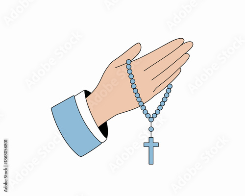 Praying Hand with Rosary Beads and Cross Illustration for Religious Faith Spirituality Beliefs and Christian Catholic Practices in Church Services and Personal Devotion for Easter and Lent Season Cele