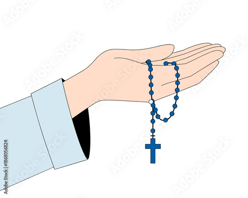 Hand Holding Blue Rosary Beads with Cross Illustration for Religious Faith Prayer and Spirituality Christian Catholic Symbol in Flat Vector Design for Church Resources and Educational Material Teachin