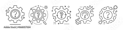 Question mark in gear icons set for problem solving and settings