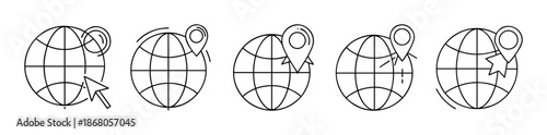 Global network icons with pointer, pin and connection elements.