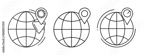 Global location pin on earth globe outline vector icons set