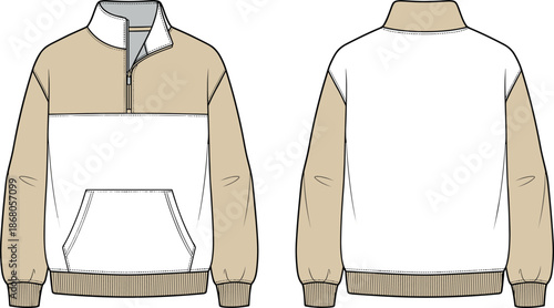 Two tone half zip pullover technical flat vector illustration, front and back view showing contrasting yoke sleeves and kangaroo pocket, apparel mockup