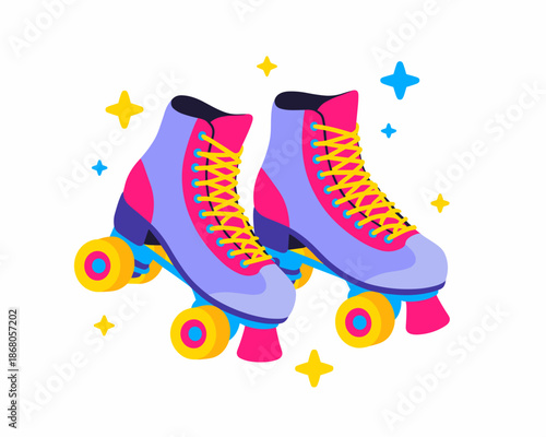 Colorful retro roller skates illustration for summer fun activities skating rink advertisement vintage party decorations vibrant graphic design element for recreational sports and outdoor lifestyle ma