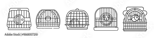 Line art vector icon set of various small pet hamster cages