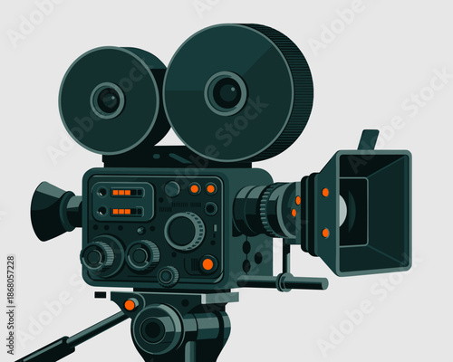 Vintage film movie camera in studio setting filming production equipment vector illustration for cinematography filmmaking retro style content creation video production advertising media projects