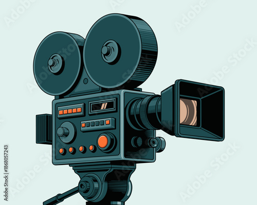 Vintage Film Camera Illustration Classic Movie Camera on Tripod Filming Equipment for Cinematography and Filmmaking Production Retro Style Video Camera for Film Industry Advertising Content Creation a