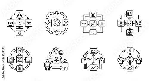 Various process diagrams showing workflow and interaction illustration