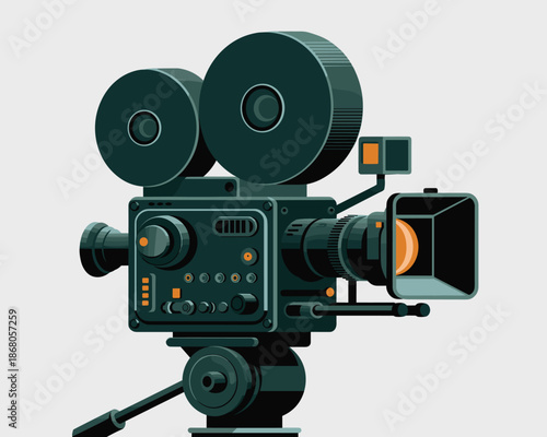 Vintage film camera shooting cinematic scenes equipment illustration for filmmaking and videography retro movie production tool motion picture industry nostalgia television broadcasting entertainment