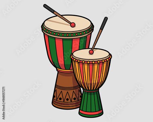 Pair of colorful cartoon djembe drums with drumsticks illustration for cultural music festivals and rhythm background percussion instrument graphic design for african tribal celebration ethnic event p