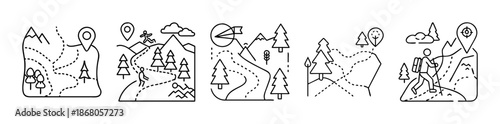 Mountain hiking and trekking adventure journey line icons set