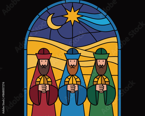 Three Wise Men Illustration Stained Glass Nativity Scene Art Icon Decorative Graphic Design Depicting Magi Bringing Gifts for Jesus Religious Christmas Story for Church Programs Holiday Celebration Co