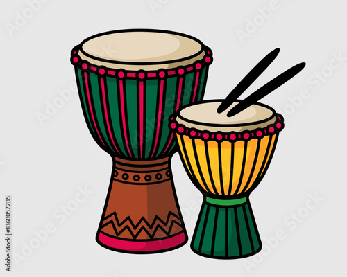 Djembe drums illustration with drumsticks traditional African percussion instrument musical rhythm drumming vibrant colors for music festival poster cultural event flyer or educational resource world
