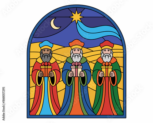 Three Wise Men Stained Glass Illustration of Nativity Scene with Gifts Star and Moon Religious Christmas Story Artwork of Biblical Magi Kings for Holiday Celebration Church Presentation and Christian