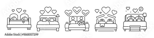 Couple love in bed and sofa icons, romantic relationship theme