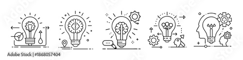 Idea generation, innovation, and creative process line art icons.