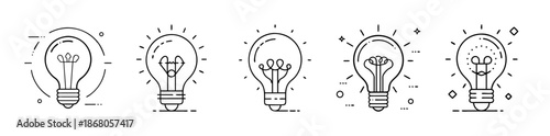 Collection of five line art lightbulb icons for creative idea