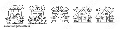 Children's playground, school, and club line art icons set.