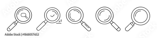 Line art magnifying glass icon set for searching and analysis