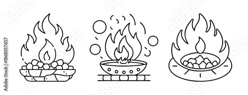 Collection of three outline fire icons for camping design